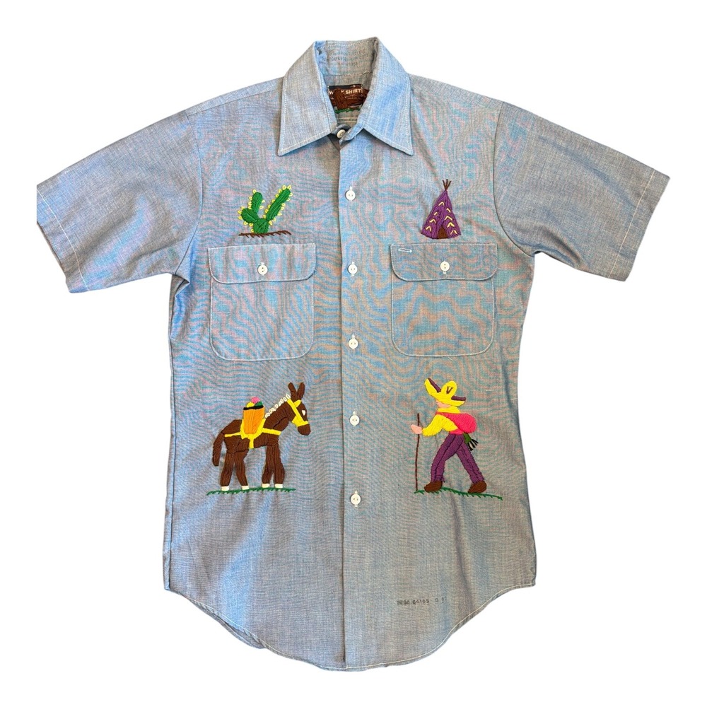Vintage Chambray 70's American Apparel RN 45055 Work Shirt Hand Embroidered SZ S - Picture 2 of 13